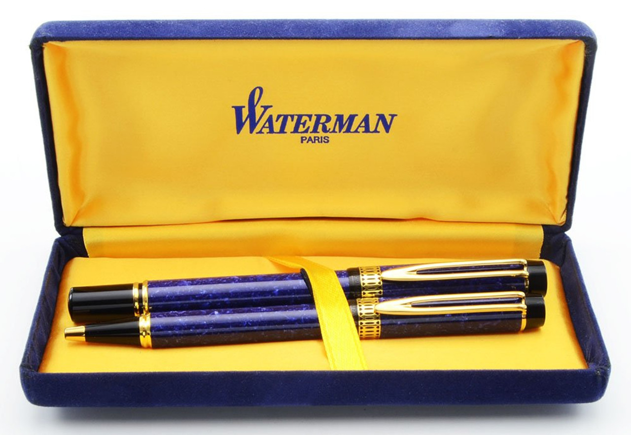Waterman Patrician (Man 100) Fountain Pen Ballpoint Set (1990's) - Marbled Blue, Medium 18K Nib (Near Mint in Box, Works Well)