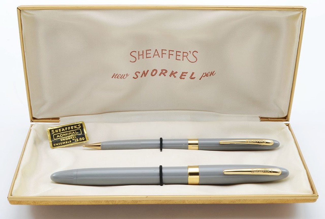 Sheaffer Admiral Snorkel Fountain Pen Set - Grey, Medium-Broad 14k Nib (Superior in Box, Restored)