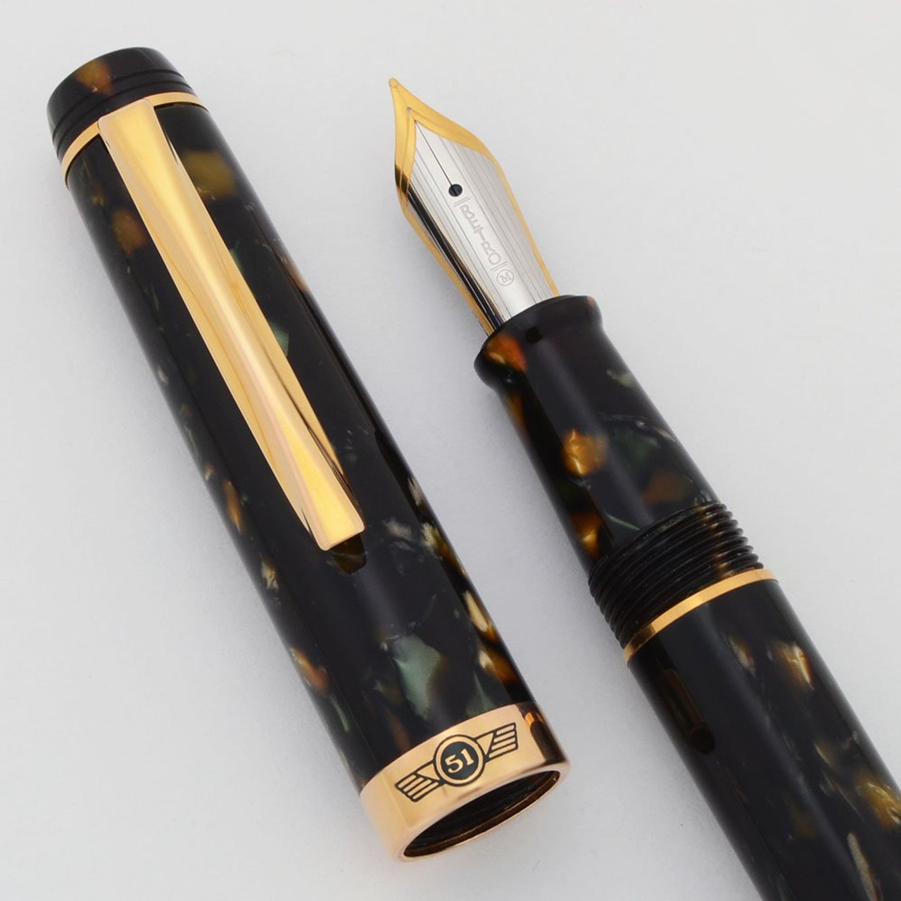 Retro 51 Fountain Pen (2000s) - Brown Green Marble, C/C, Medium Two-Tone Nib (Excellent +, Works Well)