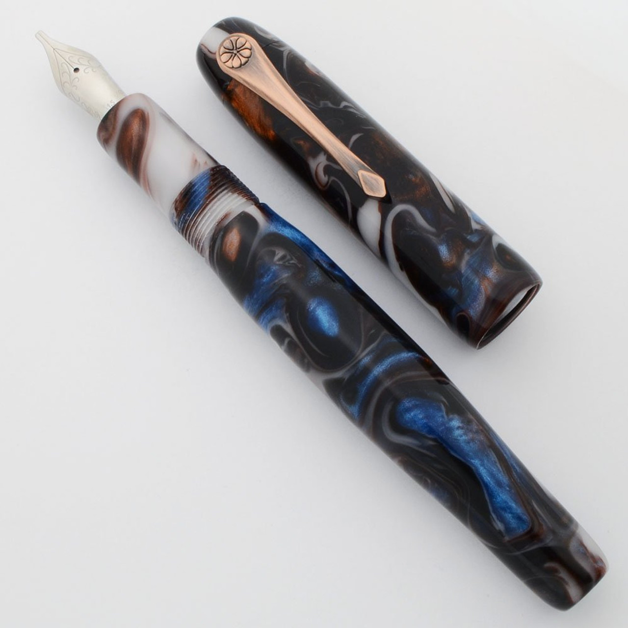 PSPW Prototype Fountain Pen - Blue and Copper Swirl "Cruzite", Oversize with Clip, JoWo #6 Nibs (New)