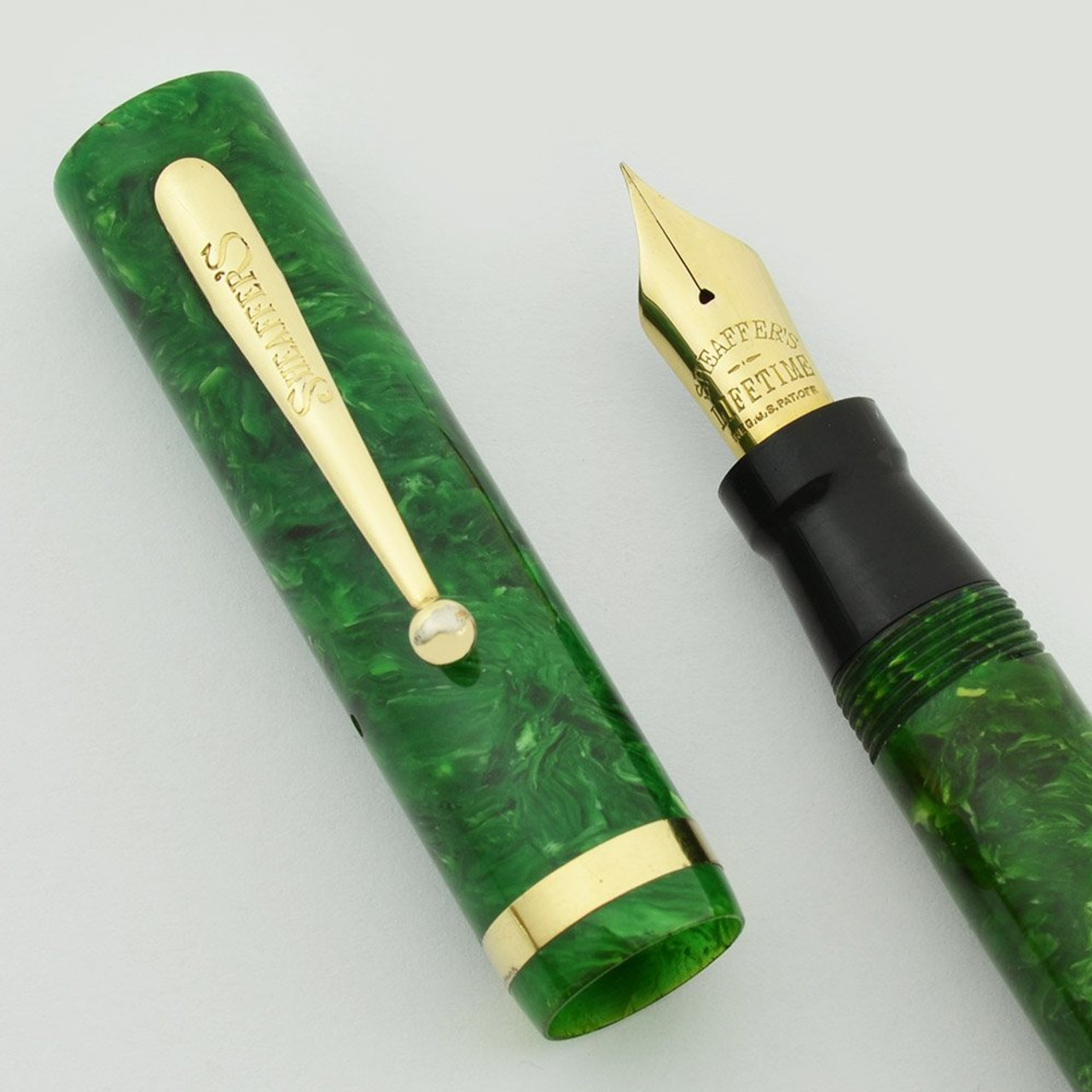 Sheaffer Lifetime Flat Top Oversized  (Early 1930s) - Jade Green, Short Humped Clip,  Medium-Fine Flexible Nib (Excellent, Restored)