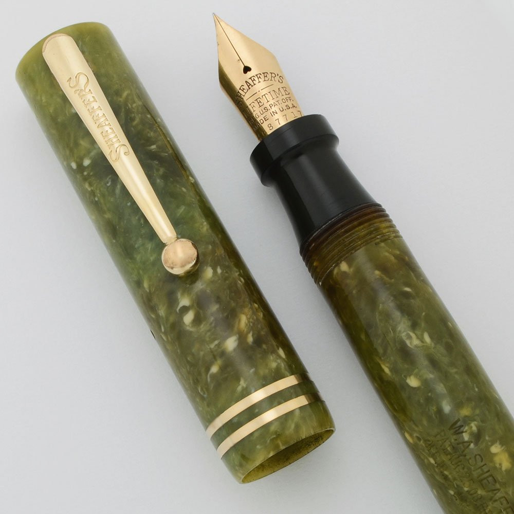 Sheaffer Lifetime Oversized Flat Top (Early 1930s) - Jade Green, High Mount Clip, Extra-Fine Lifetime Nib (Excellent, Restored)