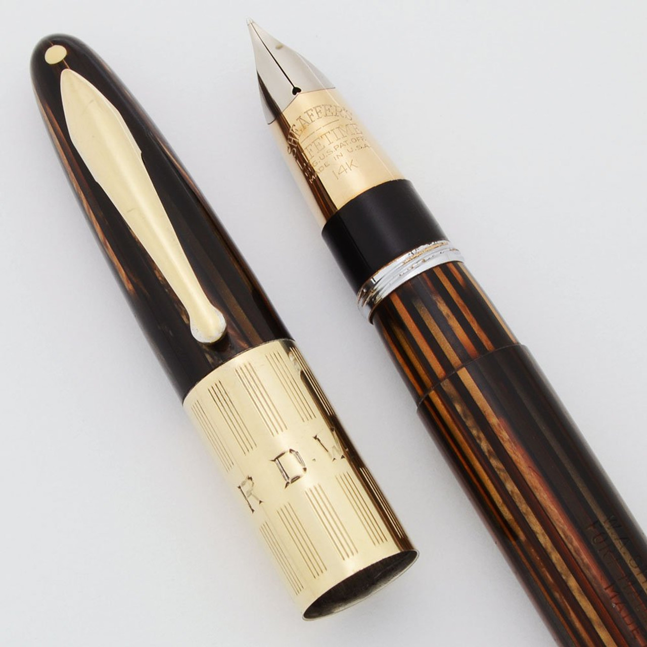 Sheaffer Lifetime Triumph Fountain Pen (Early 1940s) - Brown Striated w Wide Band, Vac-Fil, Fine (Excellent, Restored)