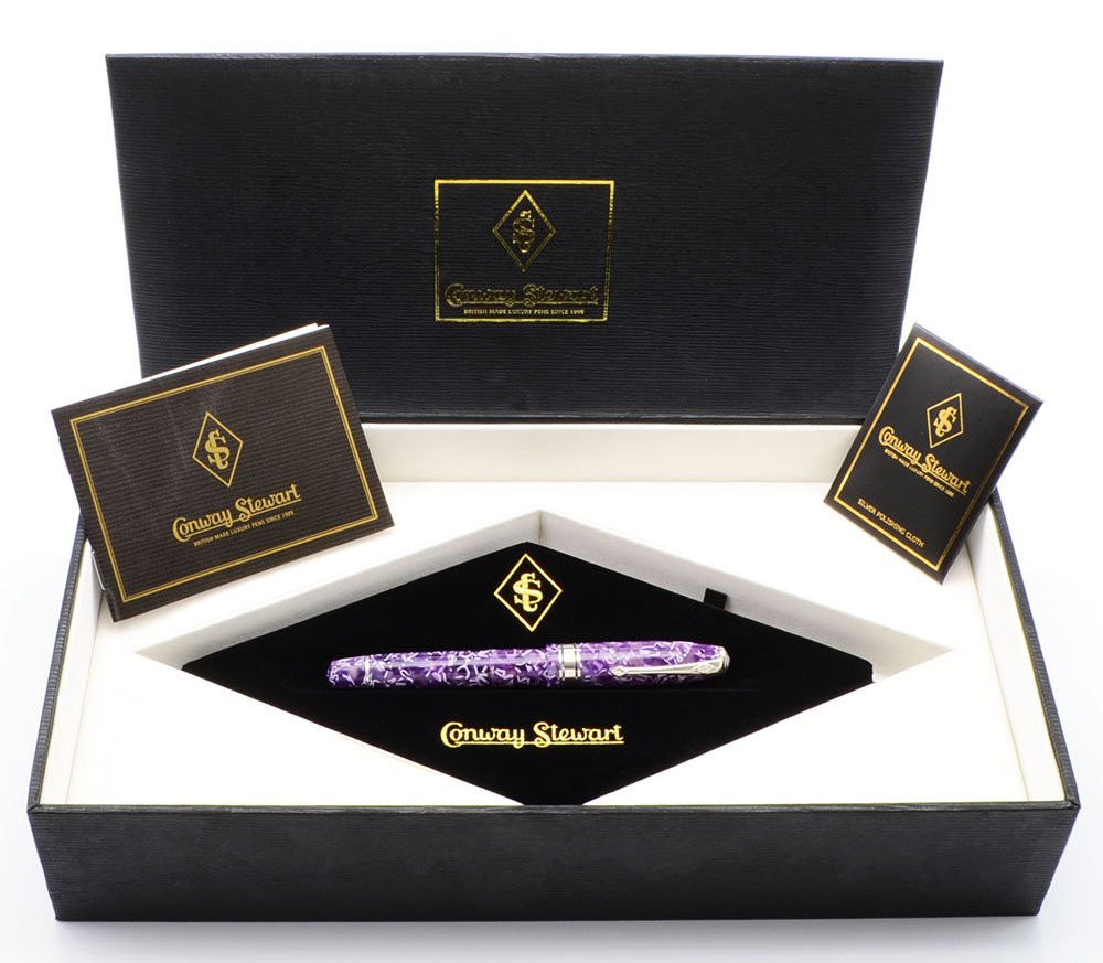 Conway Stewart Series 100  - Flecked Amethyst with Sterling Silver Trim, C/C, 18K Medium Nib (Near Mint in Box, Works Well)