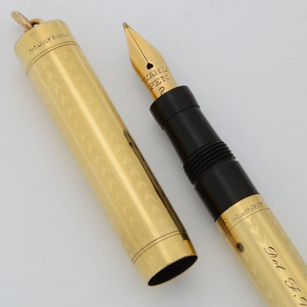 Wahl #2 Fountain Pen (1920s) - Ring Top, Gold Filled Chevron Design, 14k Flexible Fine Nib (Excellent, Restored)