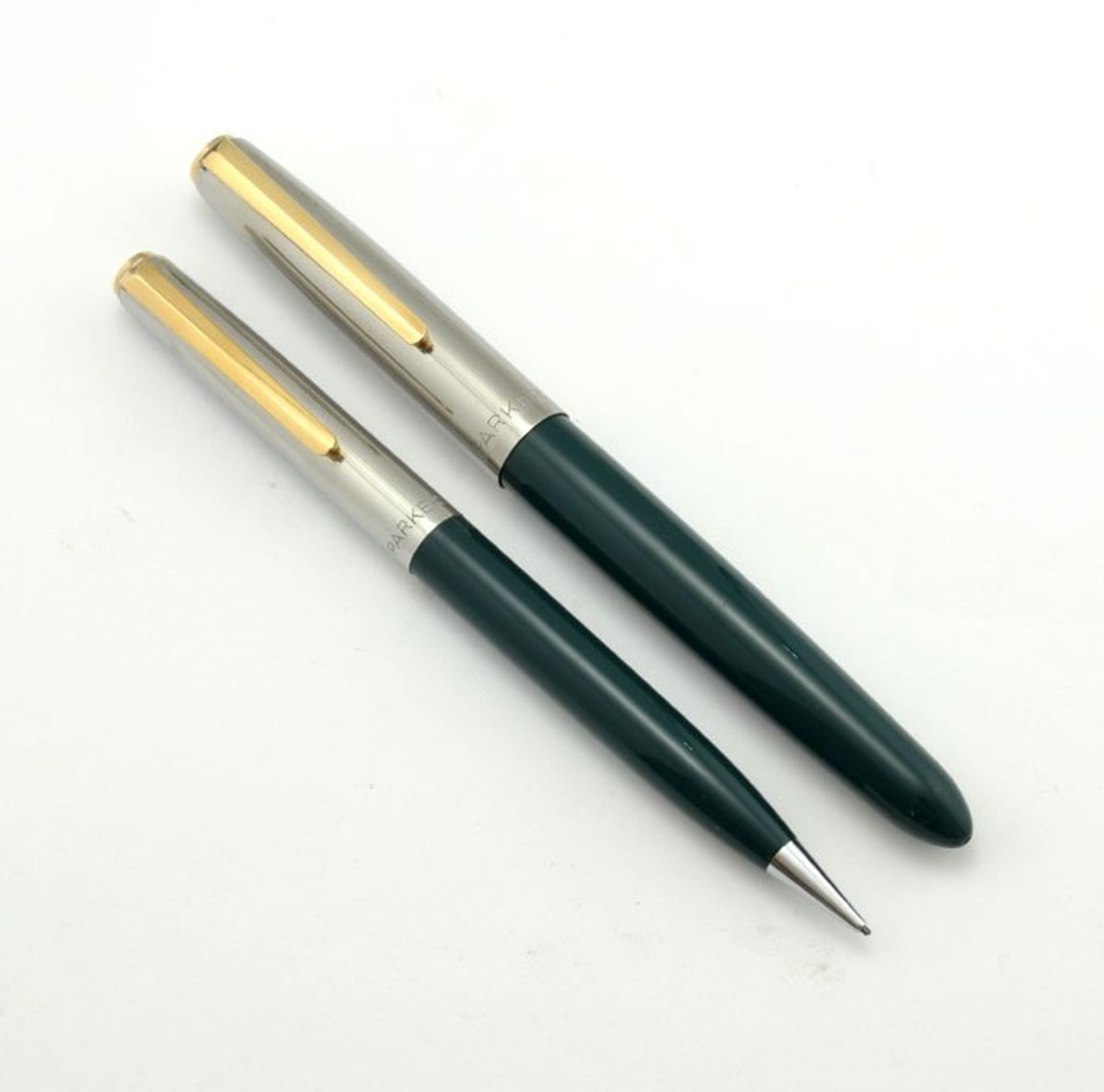 Parker 21 "De Luxe" Fountain Pen Set - Green, Steel Caps, Gold Clips, Medium (Excellent)