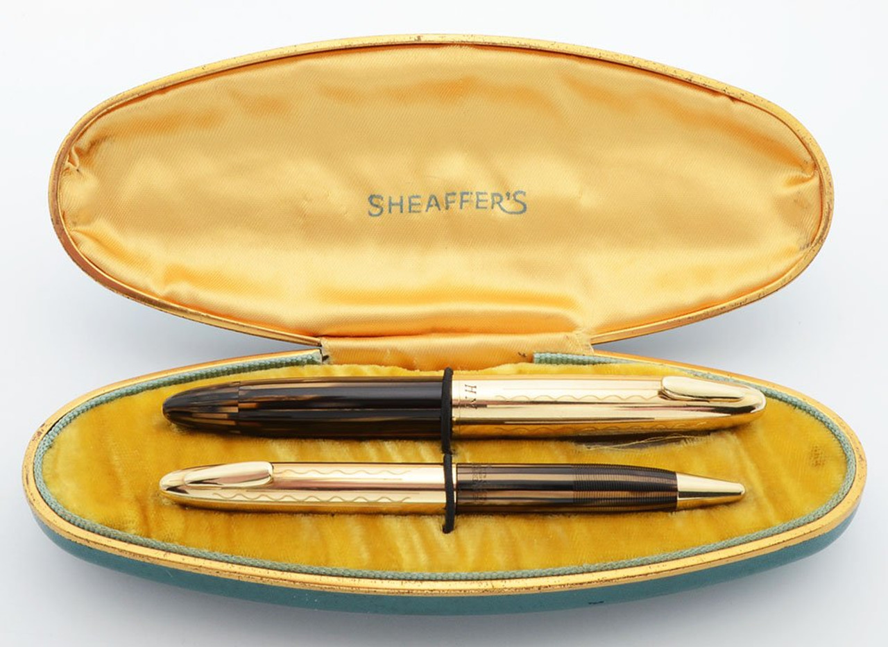 Sheaffer Crest Tuckaway Deluxe FP & MP Set (1940s) - Brown Striated, GF Cap, Vac-Filler, Fine (Excellent + in Box, Restored)