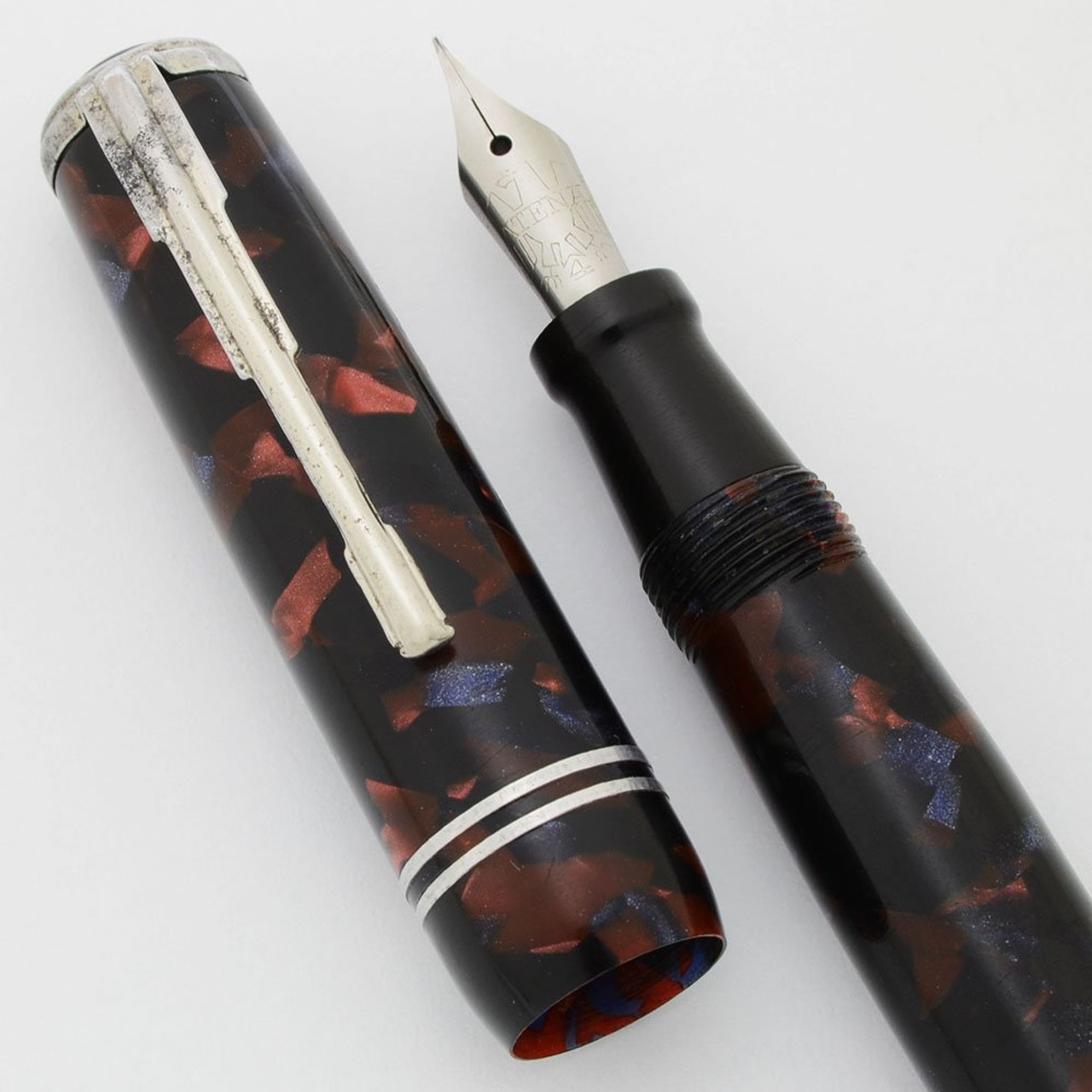 Atena Fountain Pen (1950s) - Burgundy/Blue/Black Marble, Button Filler, Extra-Fine #4 Atena Steel Nib (Very Nice, Works Well)