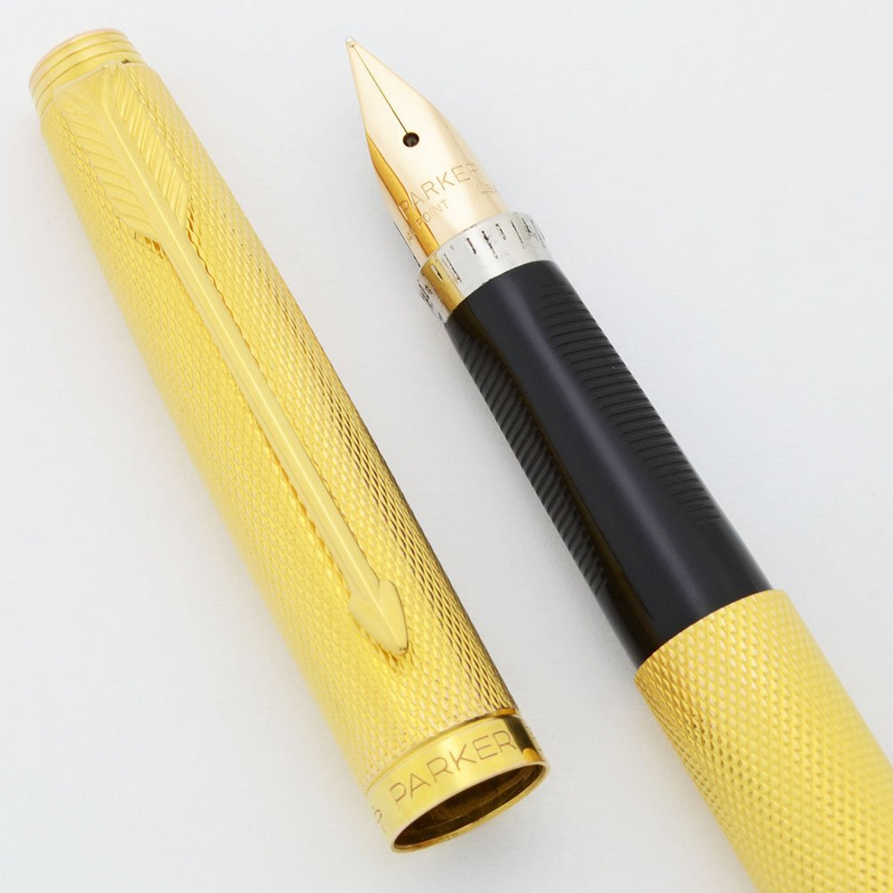 Parker 75 Fountain Pen - Gold Plated Grain d'Orge (Barleycorn), Flat Tassies, 14k Extra Fine  (Excellent +, Work Well)