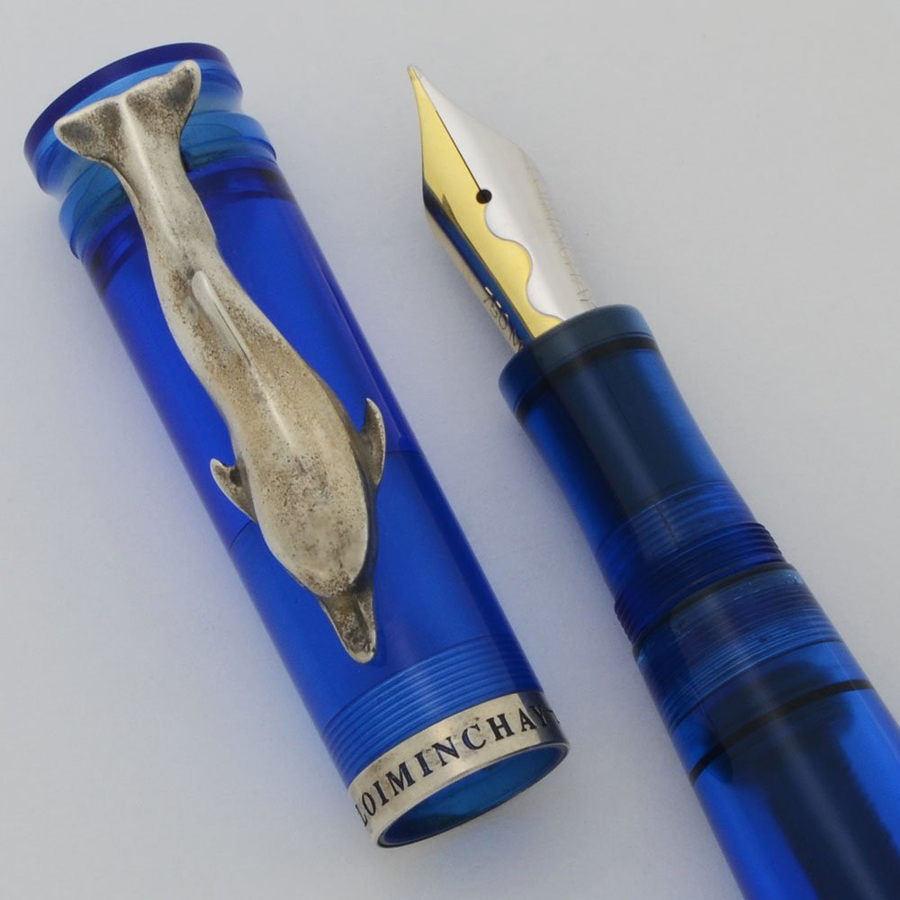Loiminchay Riviera Fountain Pen - Oversized (2000s), Sterling Dolphin, Blue Acrylic, Piston Fill, Medium 18k Gold Nib (Excellent, Works Well)