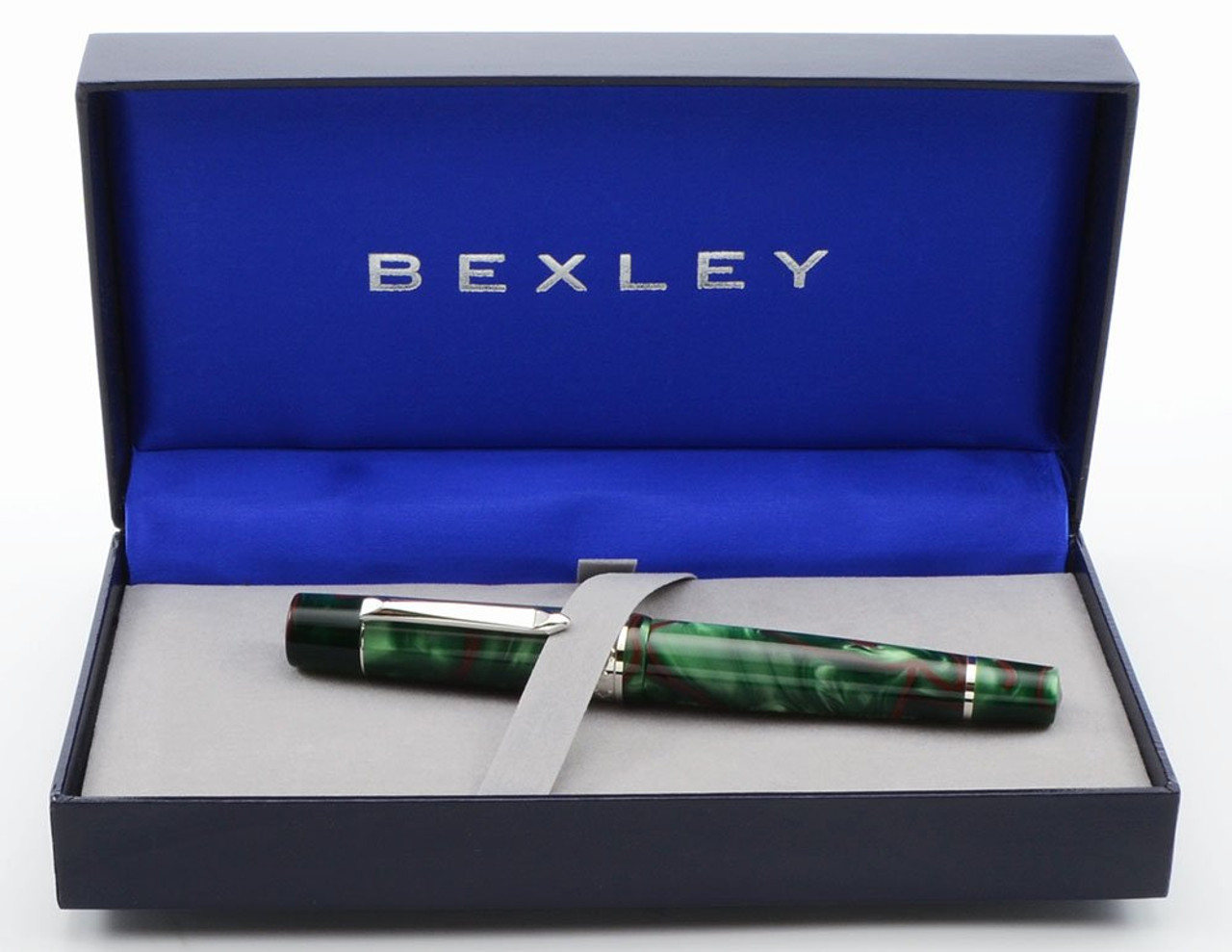 Bexley 10th Anniversary Fountain Pen (2003) - Green Red Acrylic w Chrome trim, Fine 18k Two-Tone Nib (Near Mint in Box, Works Well)