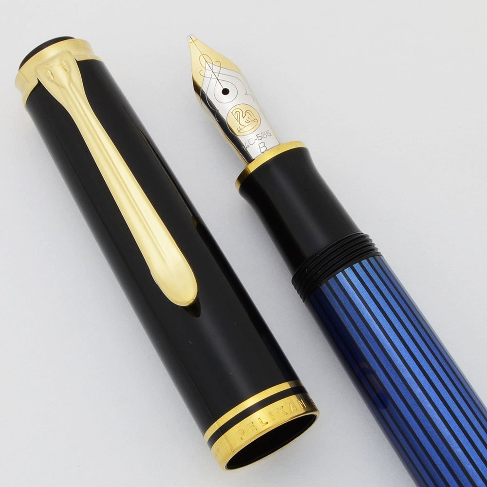 Pelikan M400 Fountain Pen (1990s) - Black with Blue Barrel, Broad