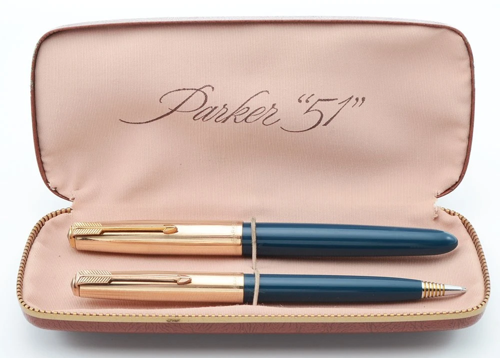 Parker 51 Aerometric Fountain Pen and Pencil Set (1948) - Teal, Converging Lines GF Cap, Medium 14k Nib  (Excellent +, in Box, Works Well)