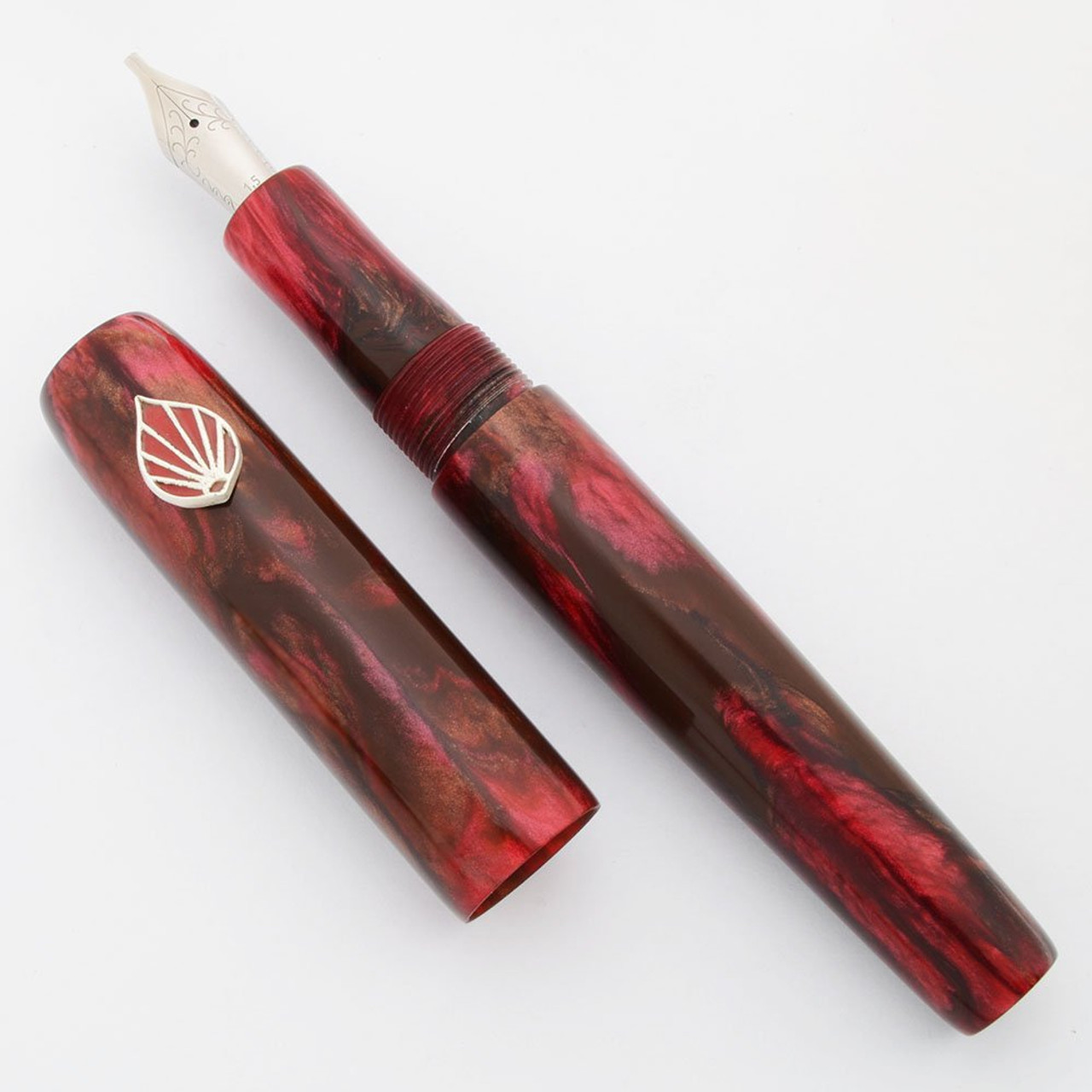 PSPW Prototype Oversize Fountain Pen - Cherry Chocolate Alumilite, Enamelled Palm Roll Stop, #6 JoWo Nibs (New)