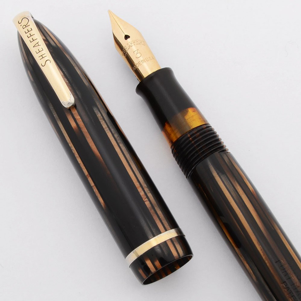 Sheaffer Balance 400 "Commandant" - Brown Striated, Military Clip, Lever, Extra Fine #3 Nib (Excellent, Restored)