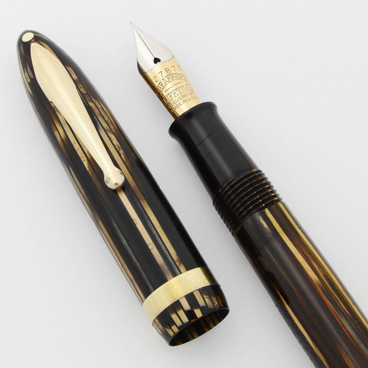 Sheaffer Balance Lifetime 875 Fountain Pen (1940s) - Brown Striated, Vac-Fill, Extra Fine 14k Nib (Very Nice, Restored)