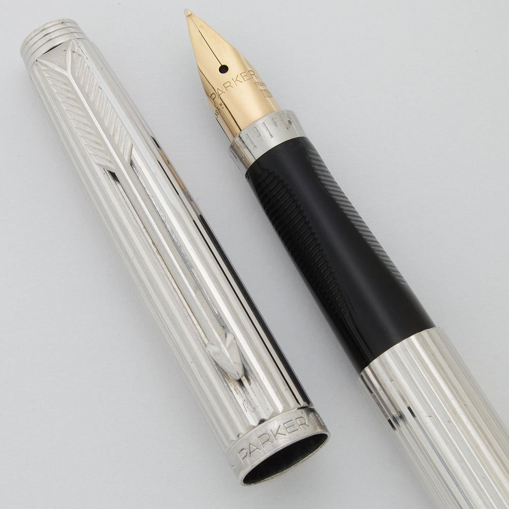 Parker 75 Fountain Pen (1960s) - Silver Plated Godron, Chrome Trim, 14k Fine Nib (Excellent, Works Well)