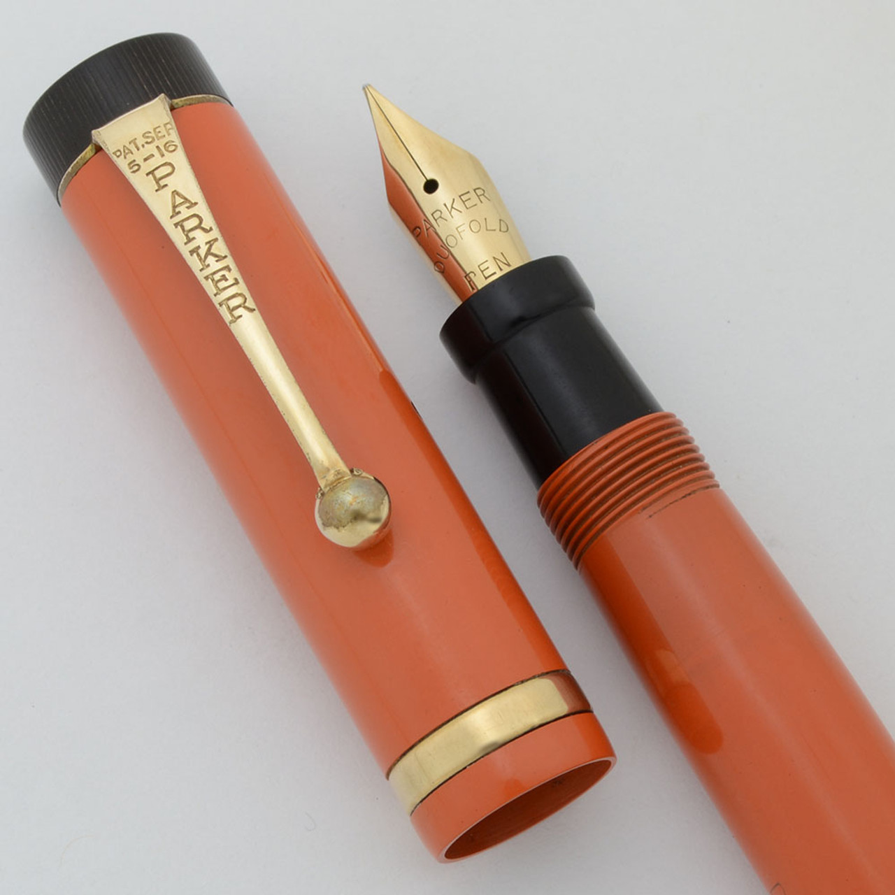 Parker Duofold Junior Fountain Pen  (1922) - Orange Hard Rubber, Giant Imprint.  Button Filler, Medium-Fine (Excellent +, Restored)