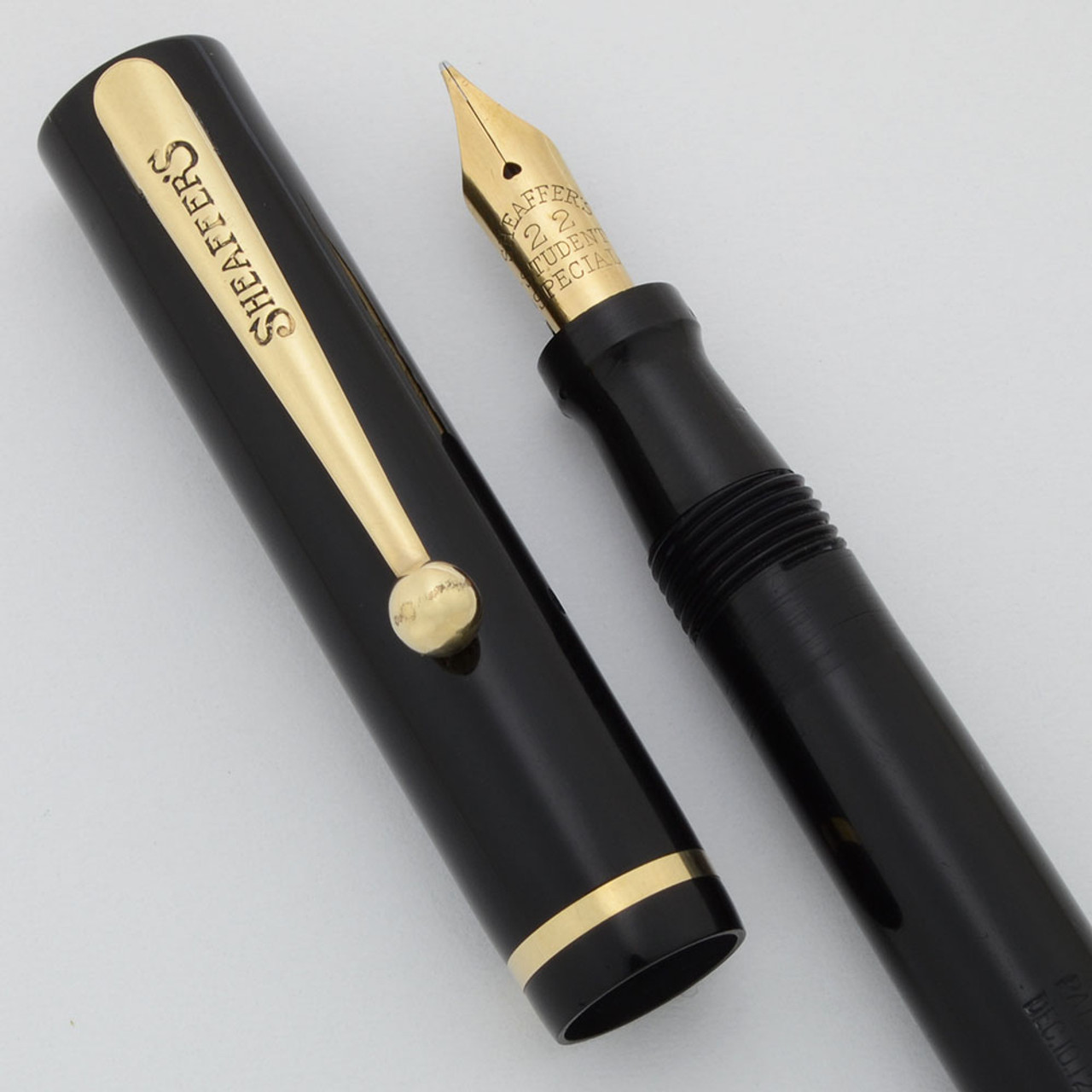 Sheaffer Flat Top Slender Full Size Fountain Pen (1920s) - Black w/Gold Trim, Lever Filler,  14k Fine Flexible #22 Student Special Nib (Excellent, Restored)