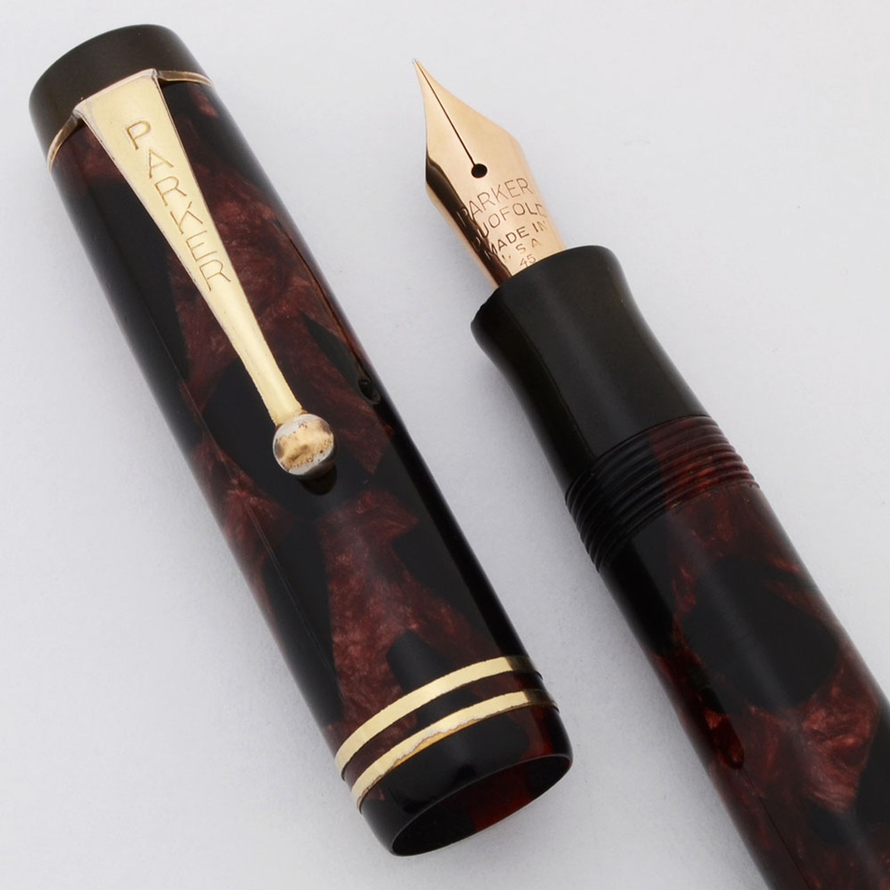 Parker Duofold Junior Fountain Pen (1930s) - Burgundy Marble, Streamlined, Button Filler, Fine Nib (Very Nice, Restored)