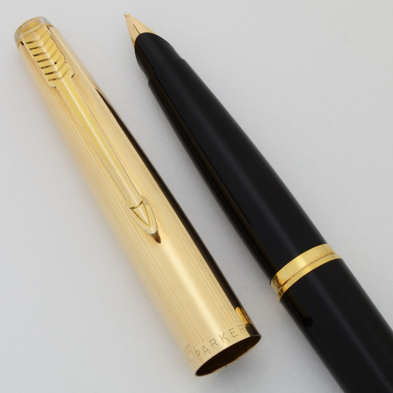 Parker 45 Custom Fountain Pen (1966-69) - Black, GF Cap, Medium 14k Nib (Excellent, Works Well)