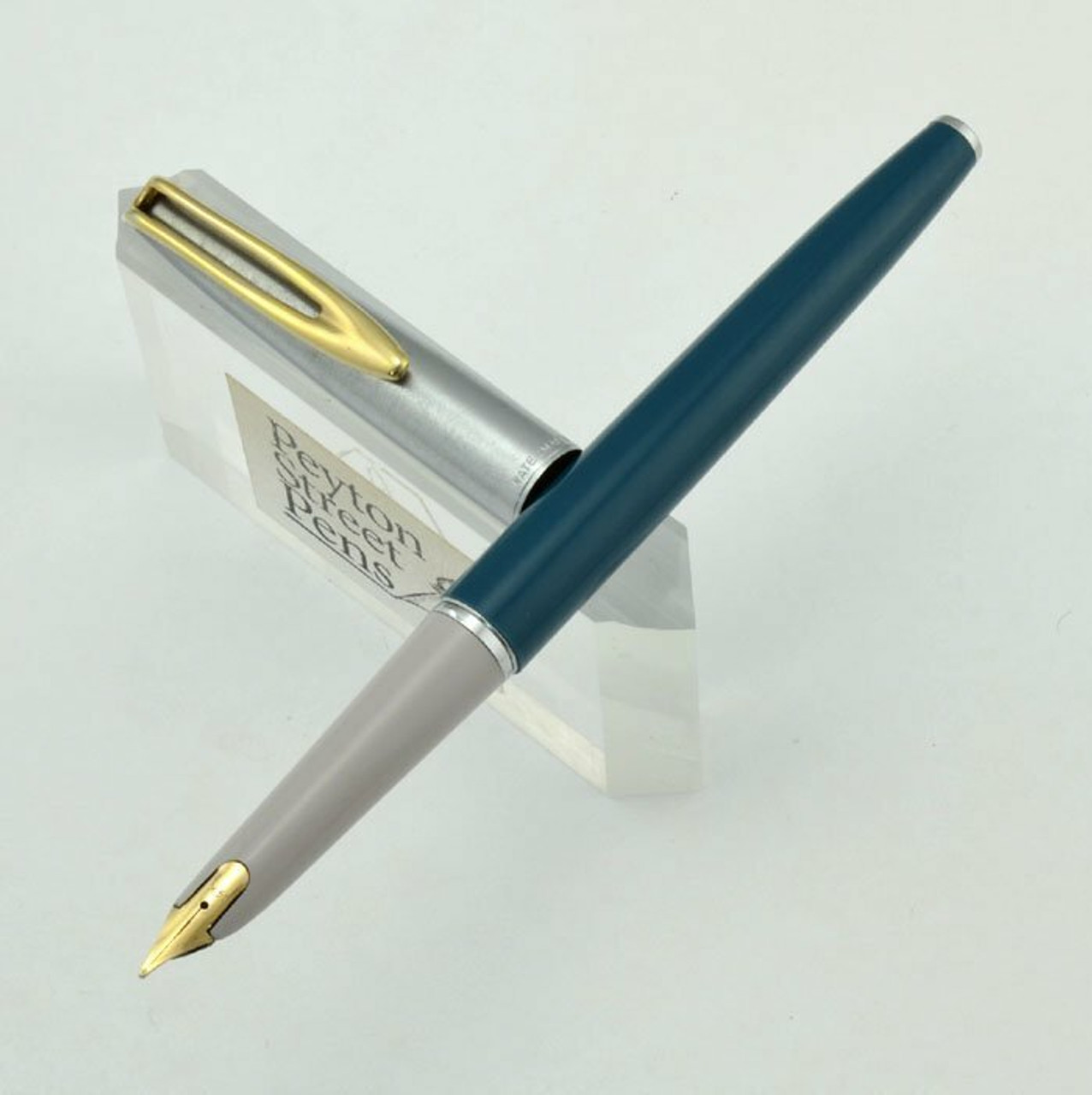 Waterman CF "875" Fountain Pen - 1950s, Teal Blue w Steel Cap, 14k Medium Nib (Excellent)