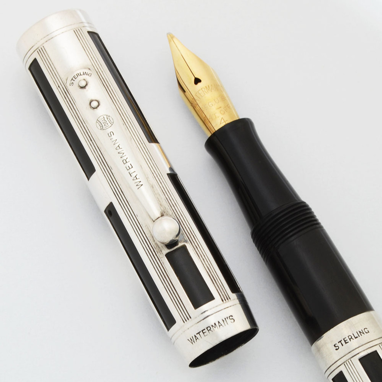 Waterman 454 "Night and Day" aka Moderne Fountain Pen - Sterling Overlay, Medium Flexible #4 Nib (Excellent +, Restored)