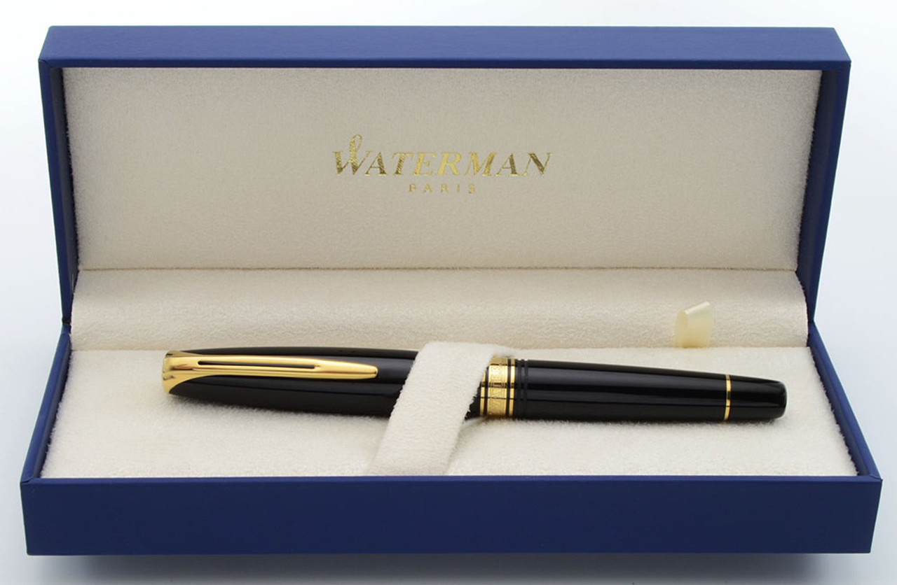 Waterman Charleston Fountain Pen - Ebony Black, Gold Trim, Fine 18k Nib (Near Mint in Box, Works Well)