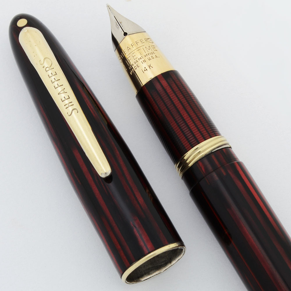 Sheaffer Triumph Sovereign II 875 Fountain Pen - Carmine Striated,   Vac-Fil, 14k Fine Triumph Nib (Excellent, Restored)
