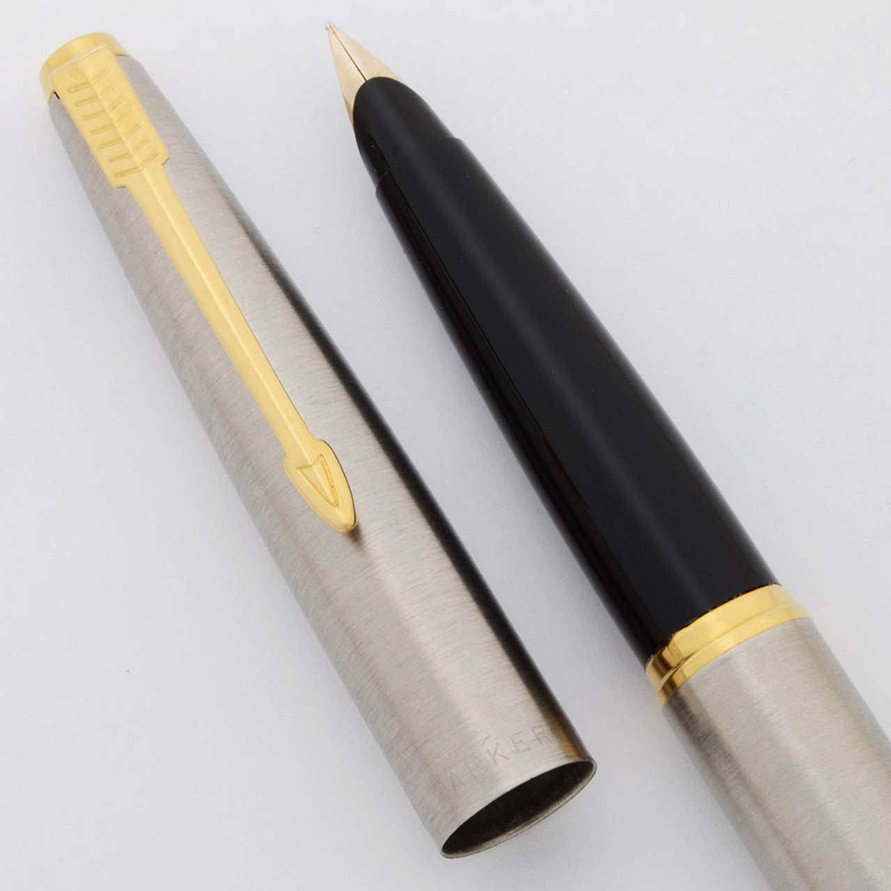 Parker 45 Flighter Fountain Pen (1970s) - Brushed Steel, Gold Trim, 10k Fine Nib (Excellent +, Works Well)