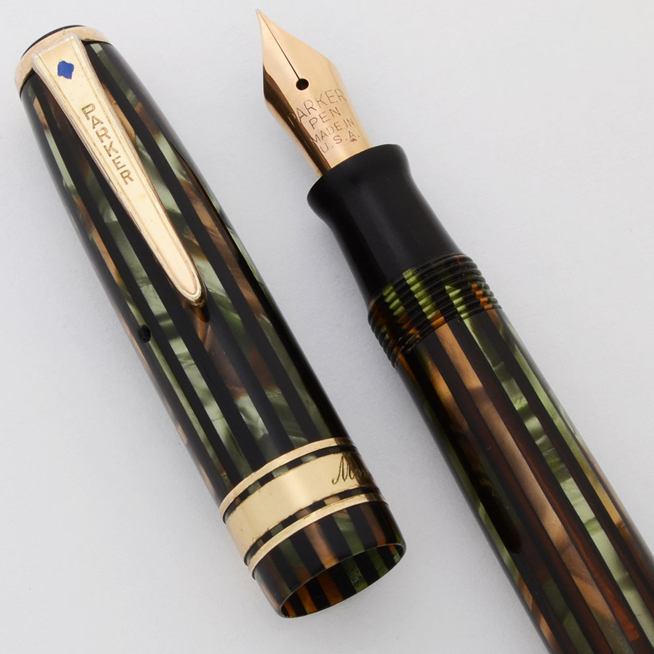Parker Striped Duofold Ingenue Fountain Pen (1940) - Vacumatic, Green Stripe, Extra-Fine Nib (Excellent, Restored)