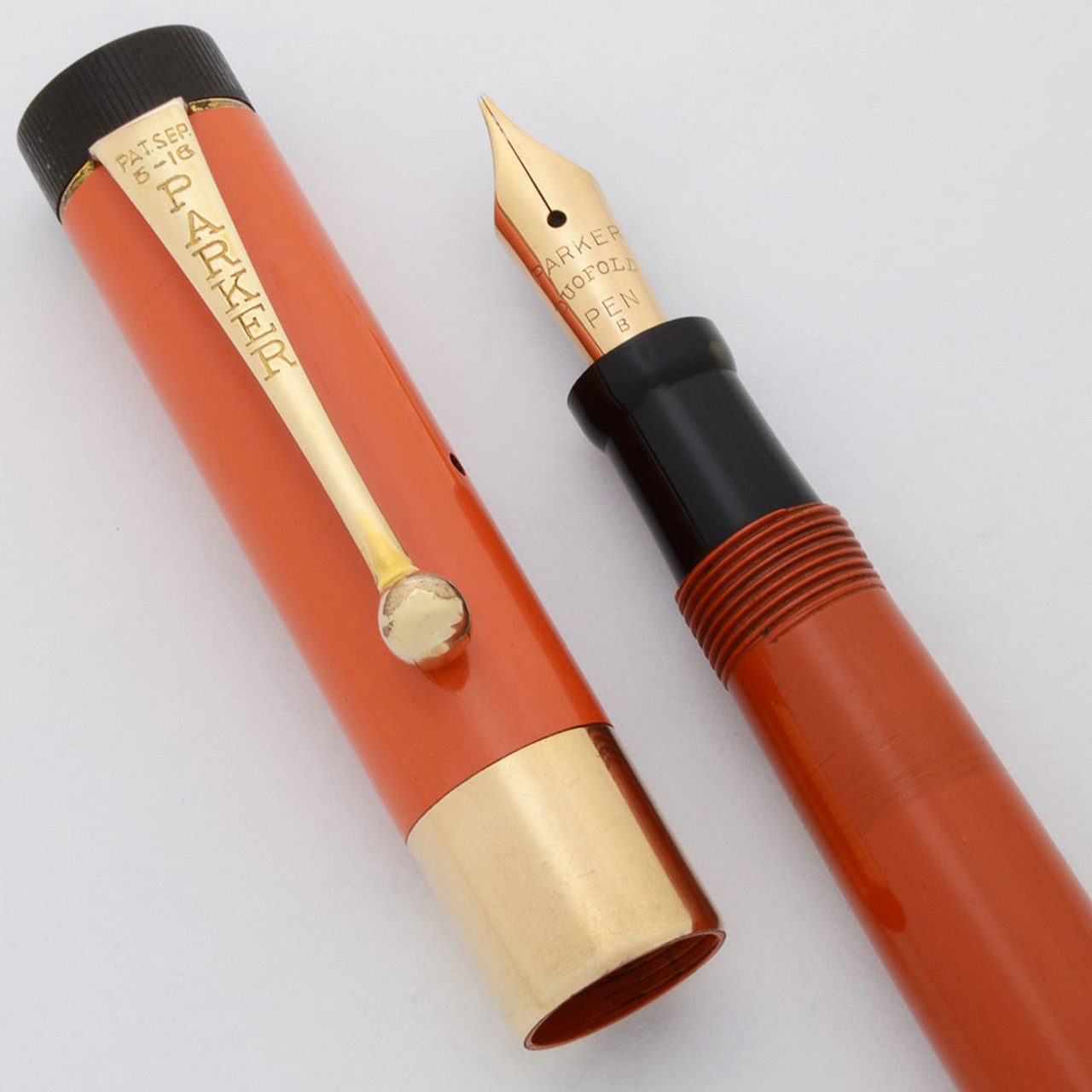 Parker Lady Duofold Fountain Pen  (1920s) - Red, Wide Band w Clip, Medium Fine Duofold Gold Nib (Very Nice, Restored)