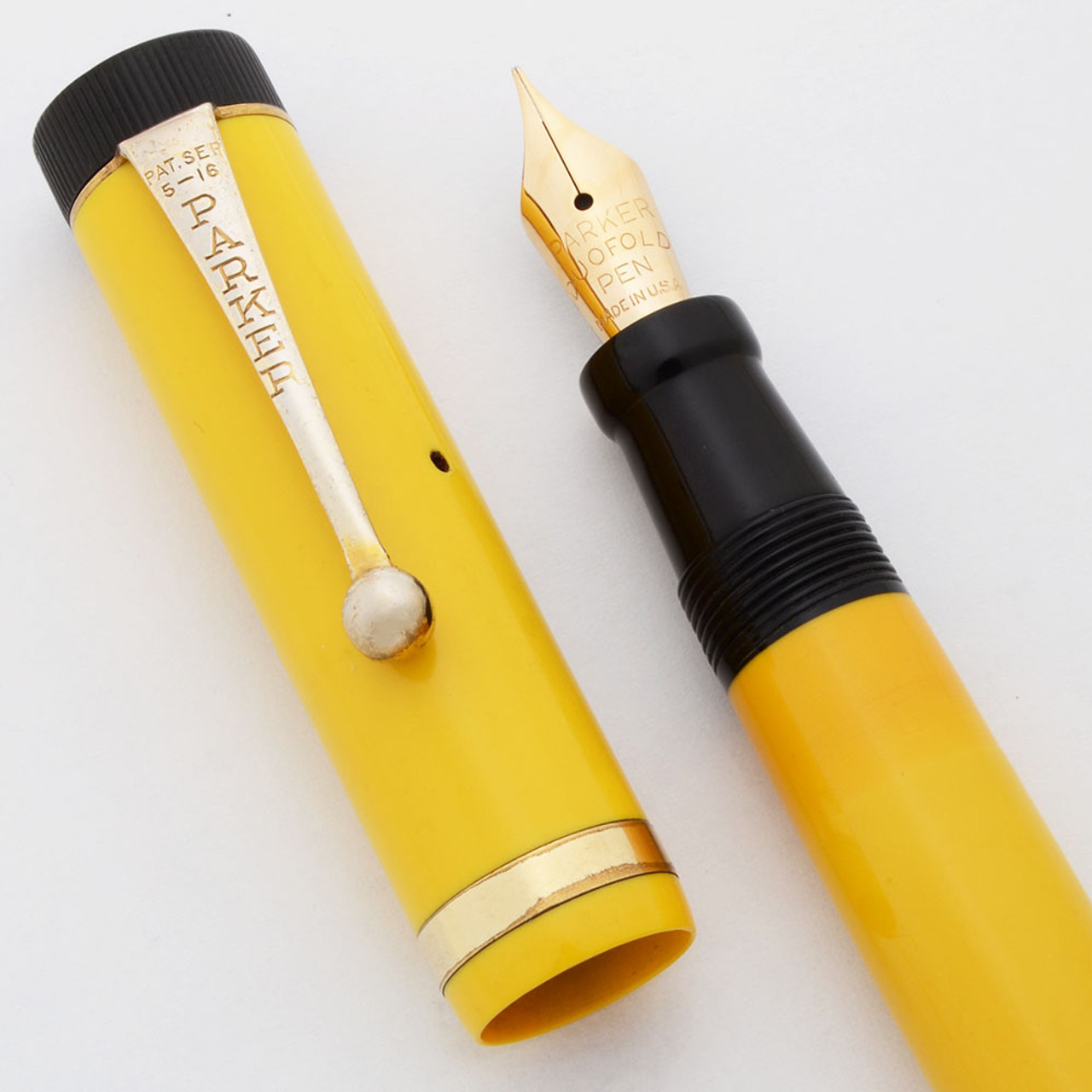 Parker Duofold Junior Fountain Pen (1920s) - Mandarin Yellow, Fine Nib (Excellent,  Restored)