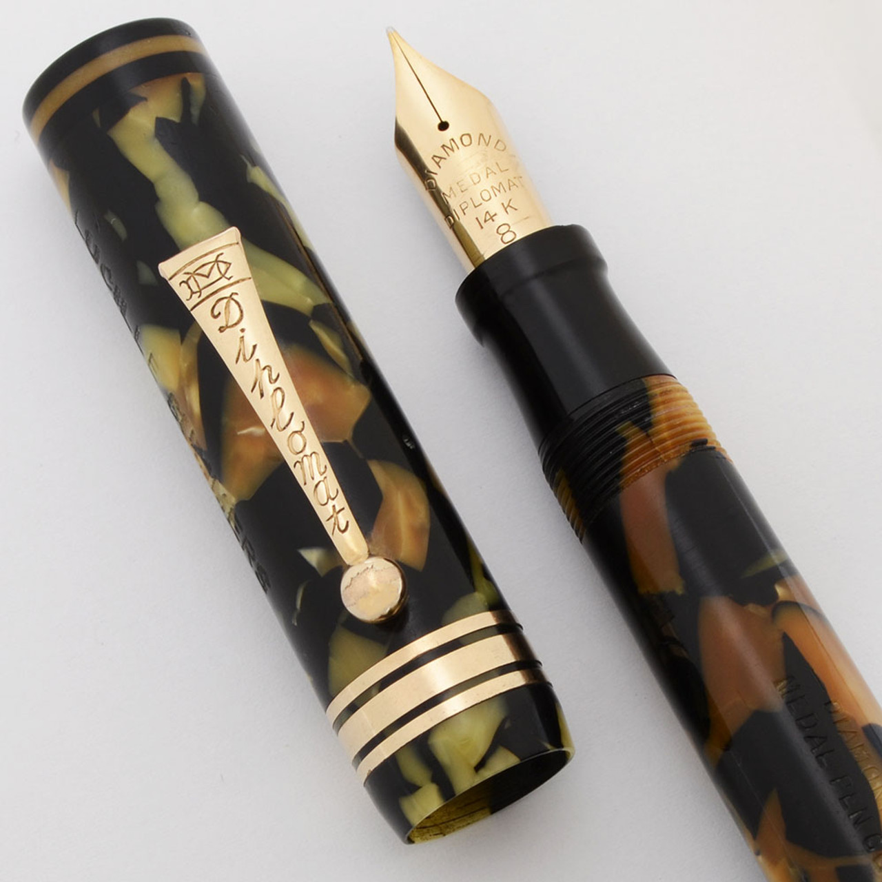 Diamond Medal Diplomat Fountain Pen (1930s) - Oversized, Black and Pearl, 14k #8 Fine Firm Nib (Excellent, Restored)