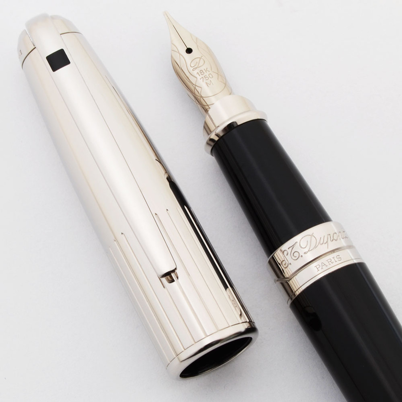 ST Dupont Olympio Fountain Pen - Large/Standard, Black Lacquer, Palladium Trim, 18k Medium Nib (Mint, Works Well)