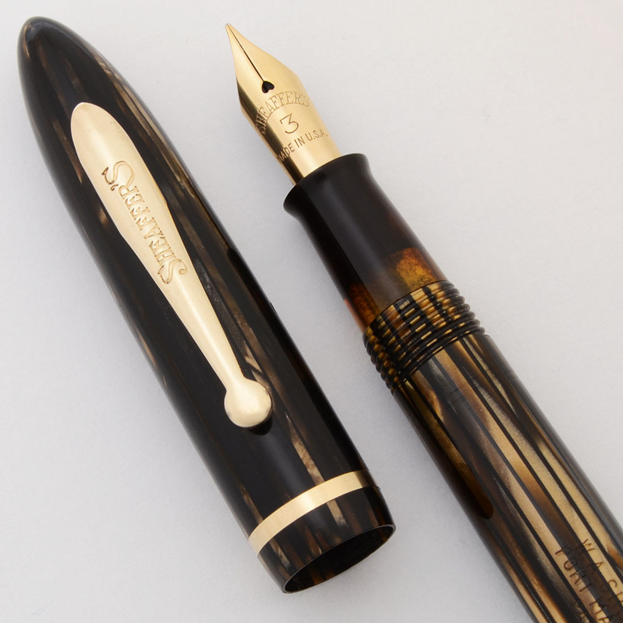 Sheaffer Balance Fountain Pen (1930s) - Brown Striated,  Junior Size, Lever Fill,  Fine #3 Nib (Excellent +, Restored)