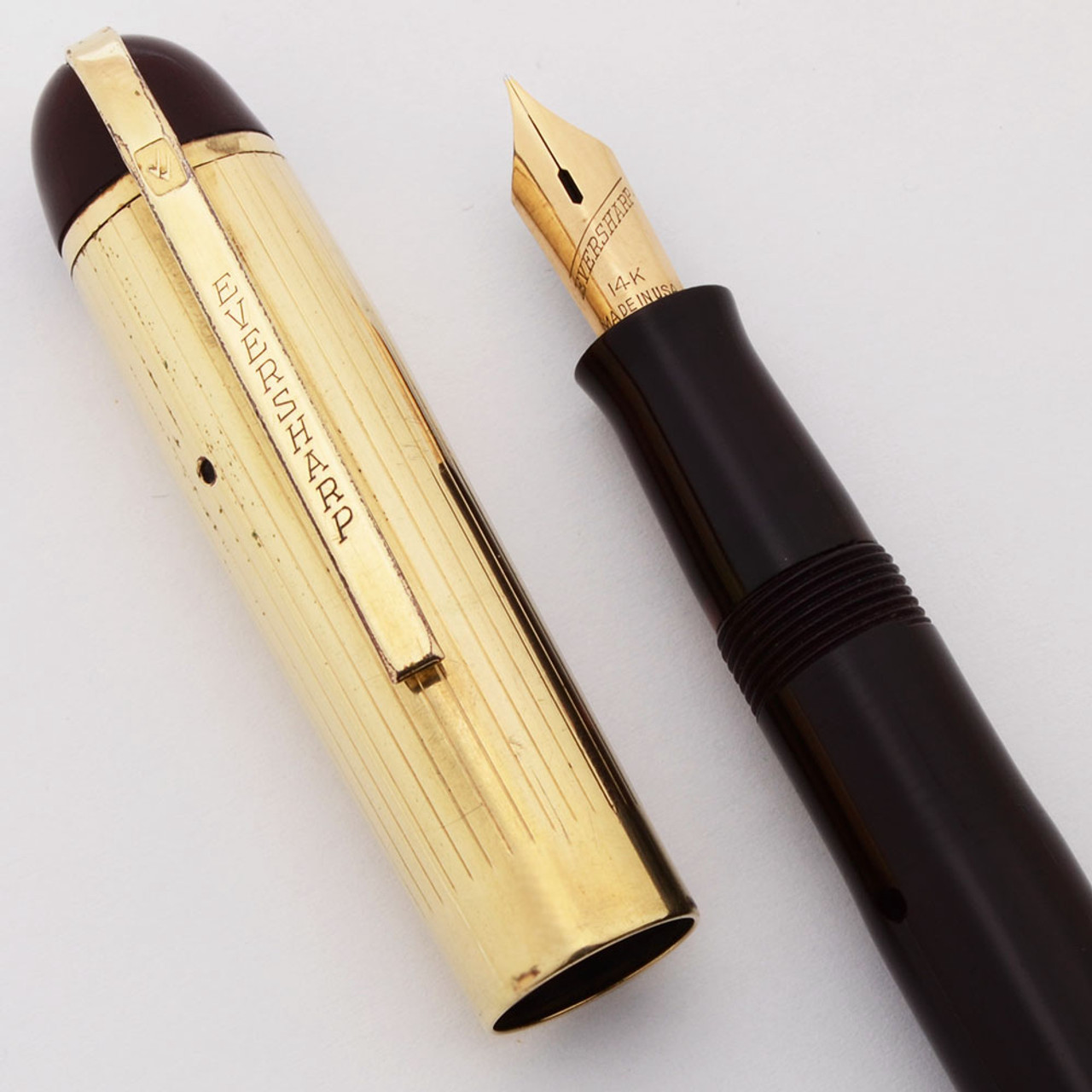 Eversharp Skyline Demi Fountain Pen (1940's) - Burgundy w Gold Cap,  Lever Filler, Manifold Fine 14k Nib (Very Nice, Restored)