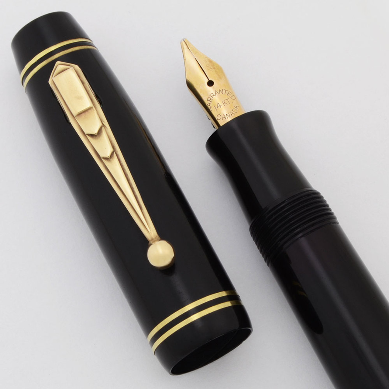 Parker Parco Fountain Pen (1932, Canada) - Black w/Gold Trim,  Lever Filler, 14k Warranted Medium-Broad Flexible Nib (Excellent, Restored)