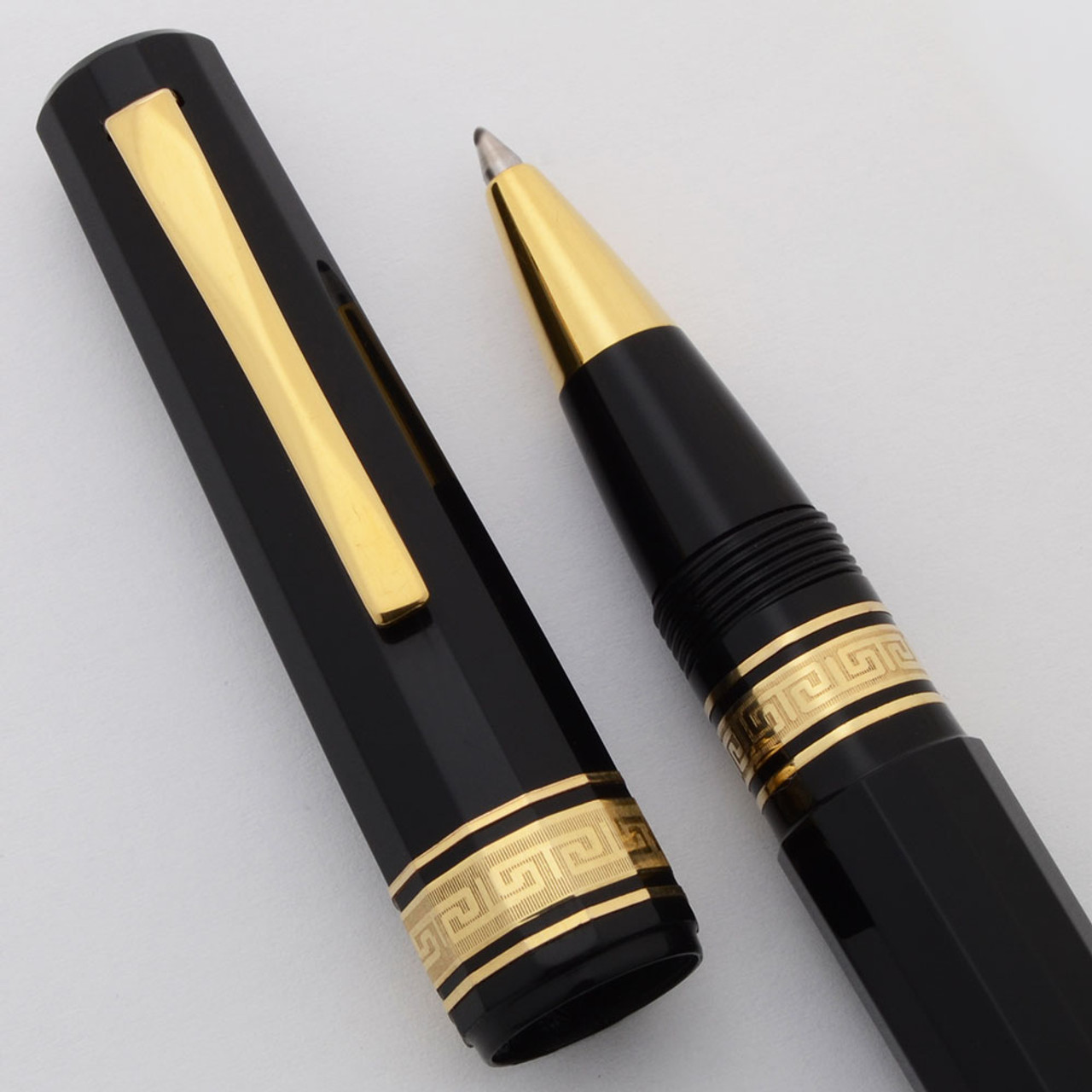 Omas Extra Rollerball (1980s) - Faceted, Black with Gold Trim (Excellent, Works Well)
