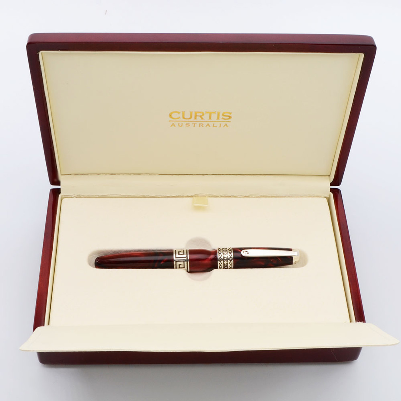 Curtis Australia Fountain Pen - Classic Elegance, "Scarlet Silk" Red Marbled Resin w Sterling Trim, Medium 14k Nib  (Near Mint in Box, Works Well)