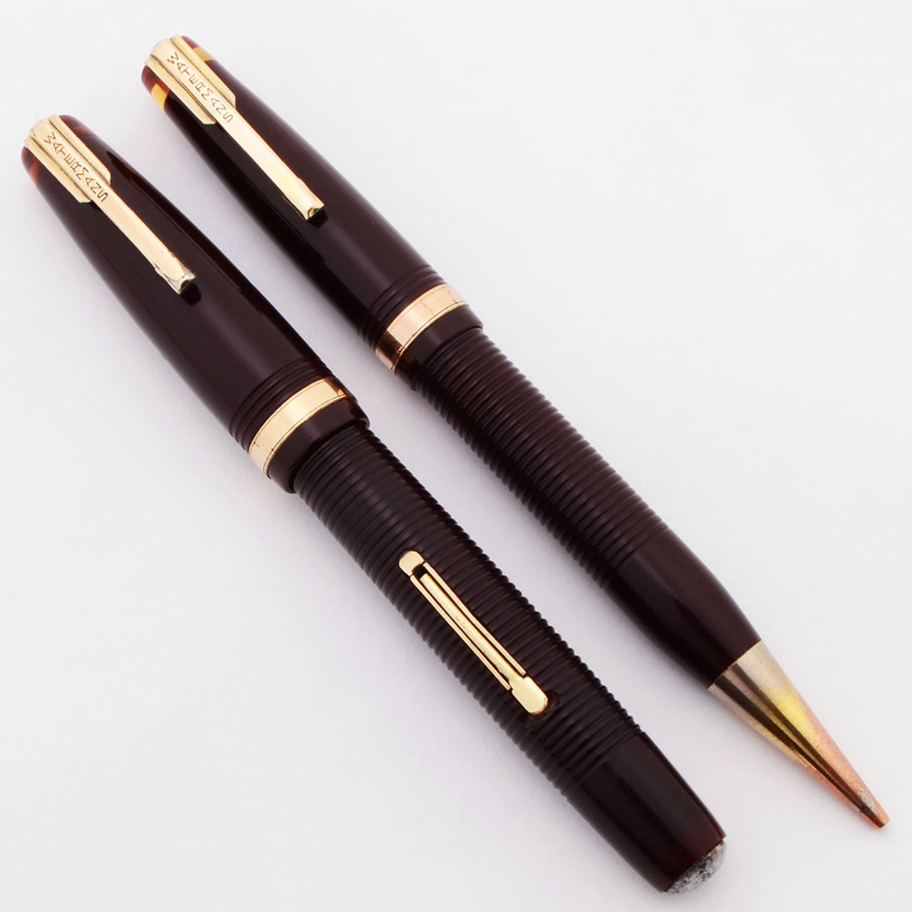 Waterman Ladies' Hundred Year Emblem Pen Set (Canada, 1940) - Burgundy Ribbed, Flexible Emblem 14k Nib (Excellent, Restored)