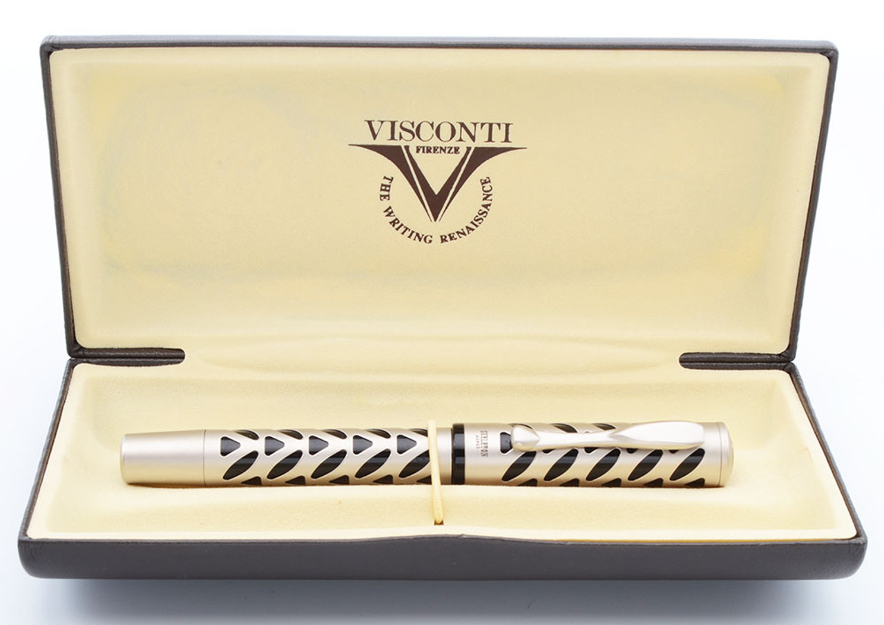 Visconti Skeleton Ag 925 Fountain Pen (2005) - Titanium over Sterling, Black Lucite, C/C, 14k Medium Nib (Excellent + in Box, Works Well)