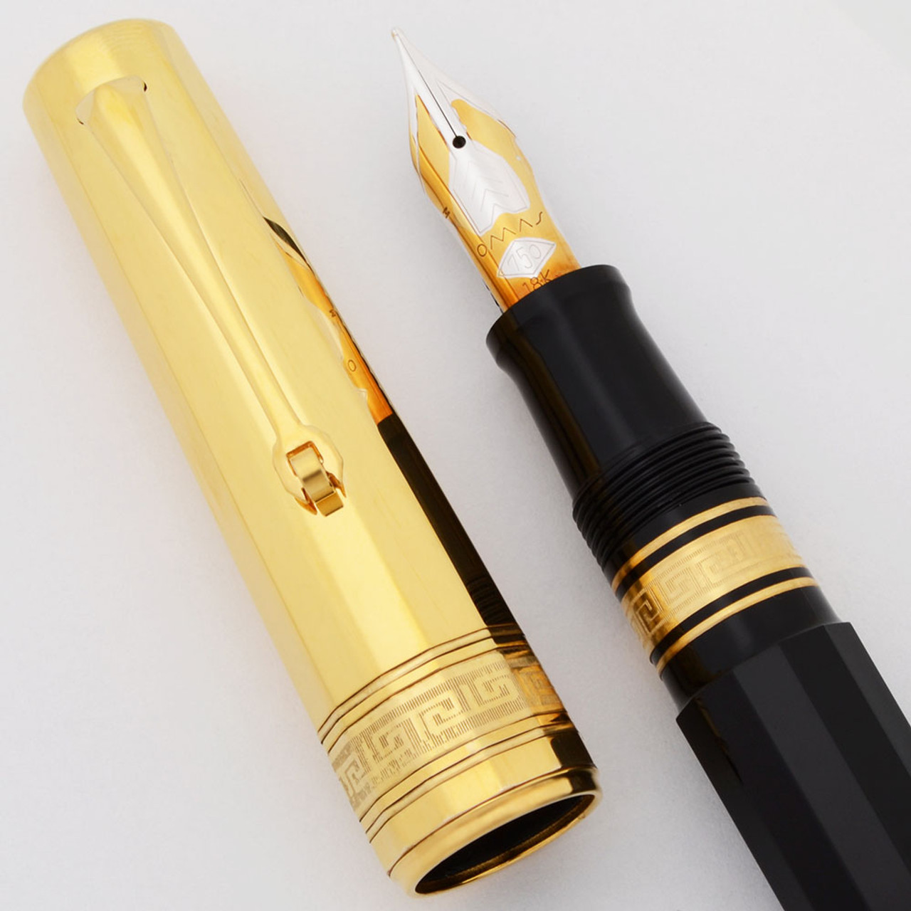 Omas Arte Italiana "Precious Facets" Paragon Fountain Pen - Black w Vermeil Cap, Piston Fill, 18k Medium (New Old Stock in Box, Never Inked, Works Well)