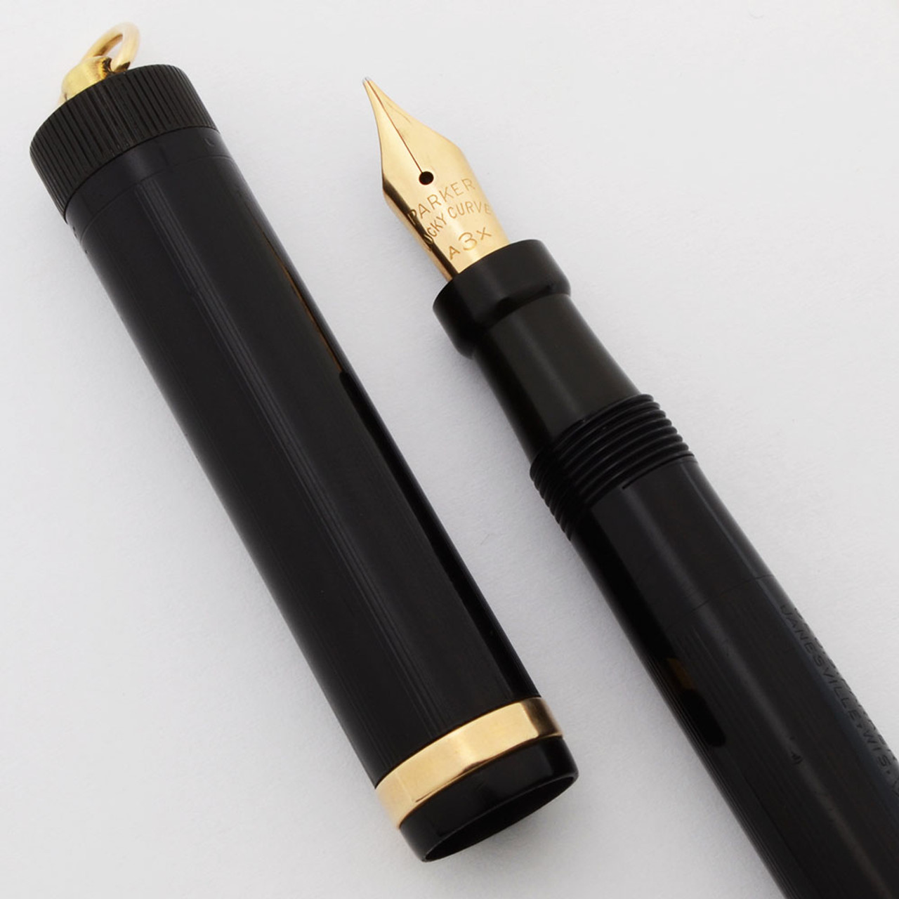 Parker Jack Knife Lucky Curve Fountain Pen (1920s/30s) - Ring Top, Black Lined, Button Filler, A3X Flexible Nib (Excellent, Restored) Parker Jack Knife Lucky Curve Fountain Pen (1920s/30s) - Ring Top, Black Lined, Button Filler, A3X Flexible Nib (Excellent, Restored)