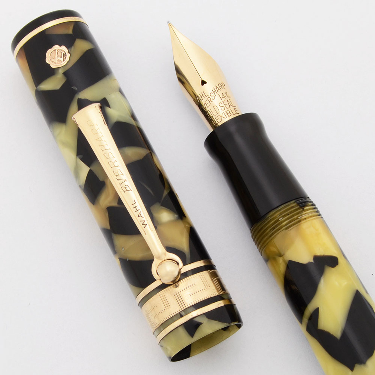 Eversharp Decoband Gold Seal Fountain Pen (1930s) - Black and Pearl, Oversize,  Lever Filler, 14k Gold Seal Full Flex Nib (Very Nice, Restored)