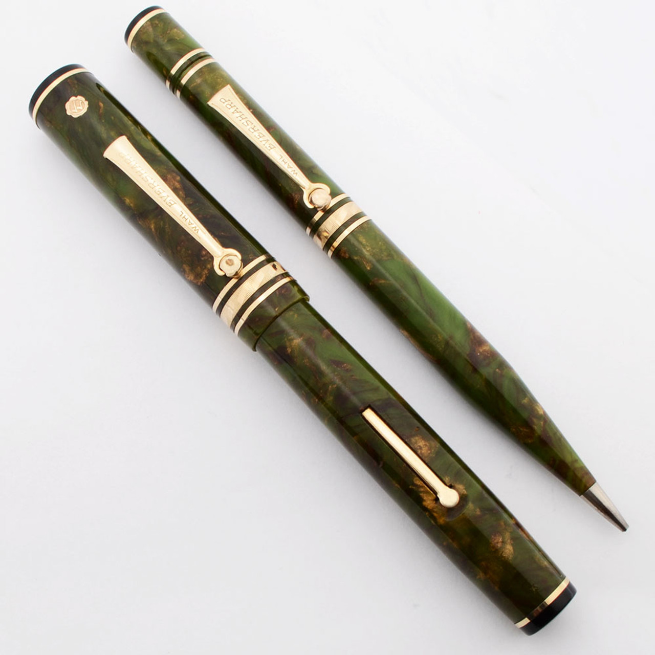 Wahl Decoband Gold Seal Fountain Pen Pencil Set (1930s)  - Oversized, Brazilian Green, Lever Filler, Gold Seal Flexible Nib (Excellent +,  Restored)