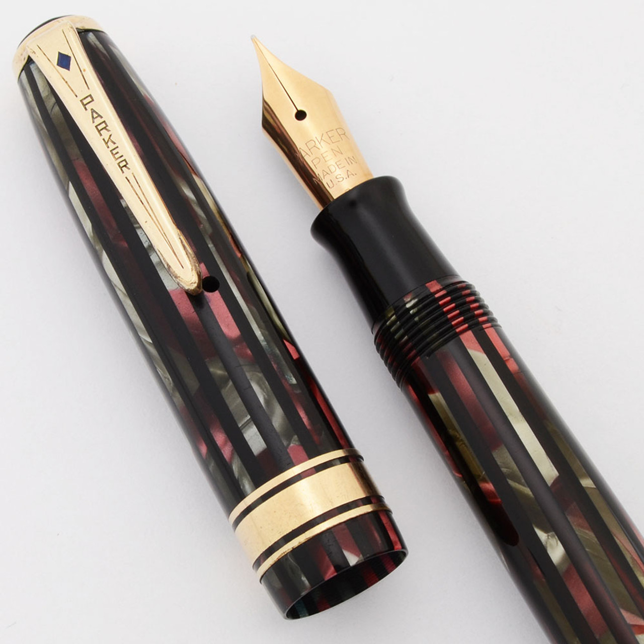 Parker Duovac Vacumatic Filler (1941) - Ingenue, Striped Red, Fine Flexible Gold Nib (Excellent, Restored)