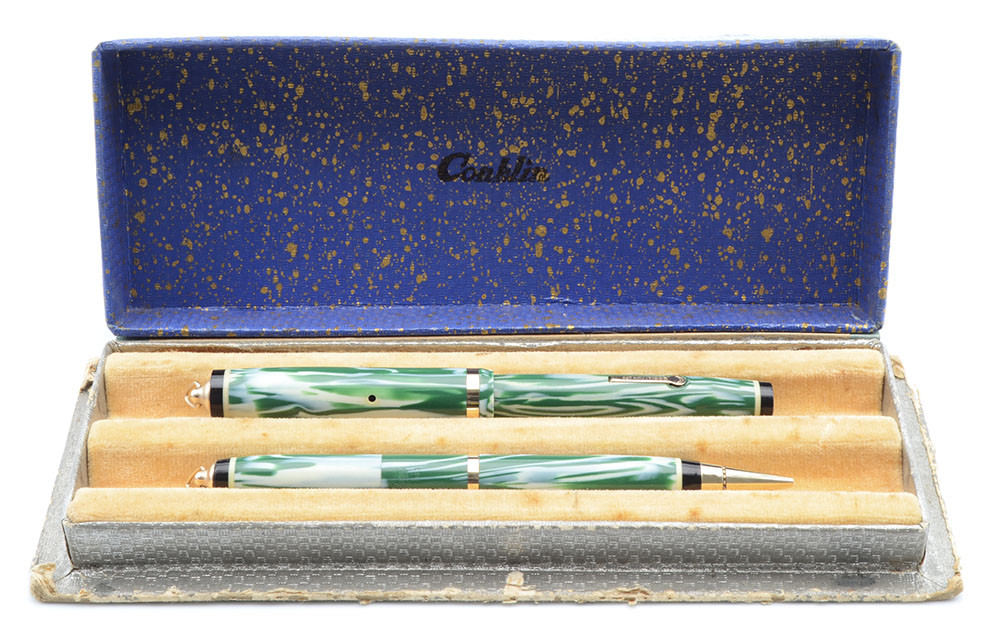 Conklin Five Dollar Pen Set (1932) - Fountain Pen and Pencil, Green and White, Flexible Fine Nib (Superior in Box, Restored)