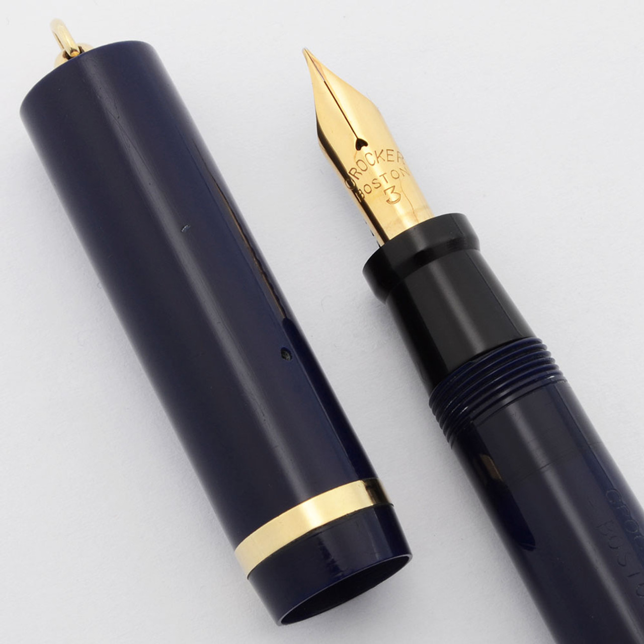 Crocker Combo Ring-Top Fountain Pen Pencil  - Dark Blue w/Gold Trim,  Lever Filler, Fine Flexible Boston #3 Nib (Excellent, Restored)