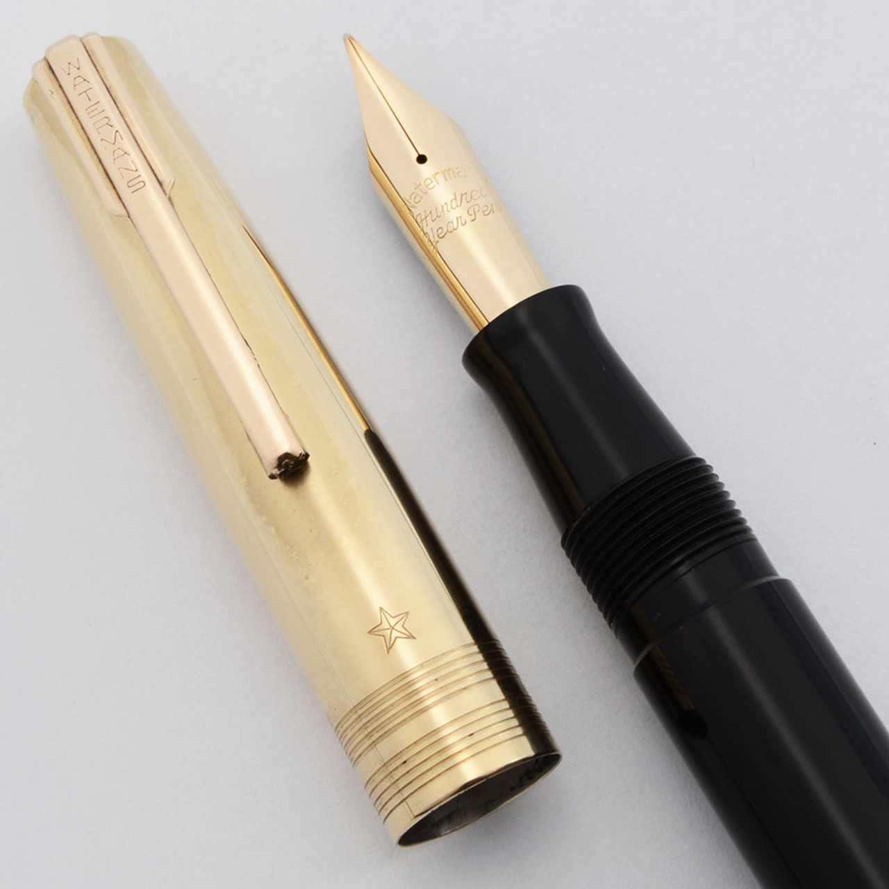 Waterman 100 Year Fountain Pen (early 1940s) -  Black w/Gold Cap, Fine Flexible 14k Nib (Excellent +, Restored)